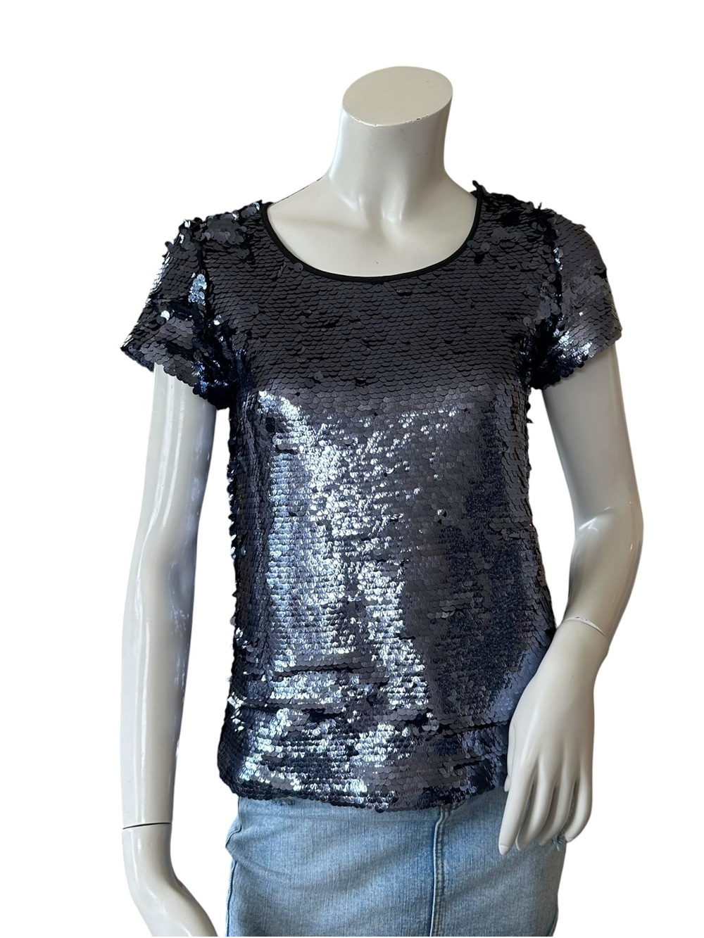 Anthropologie Leifsdottir Navy Blue Sequin Short Sleeve Dressy Tee Size XS
